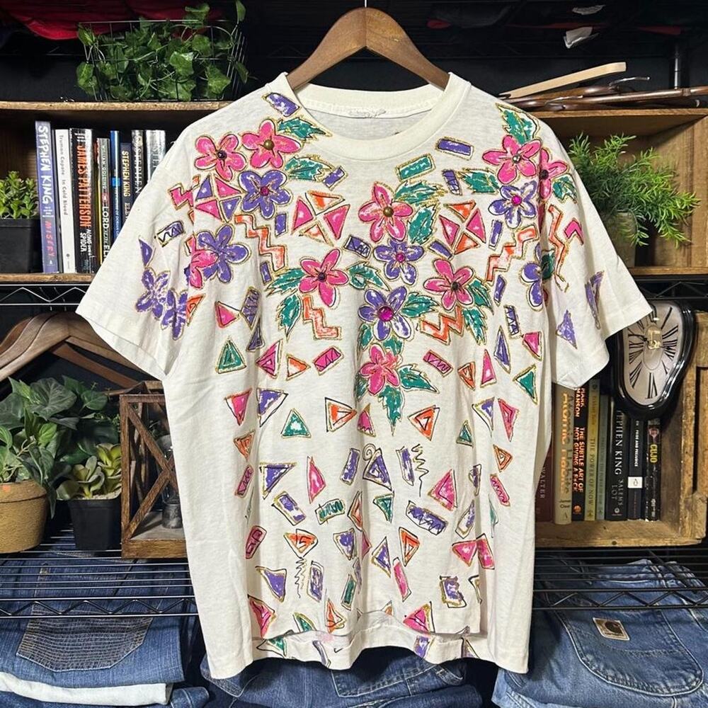 Vintage 90s Single Stitch AOP Flower Tee Womens Large White Pastel Grandma Shirt